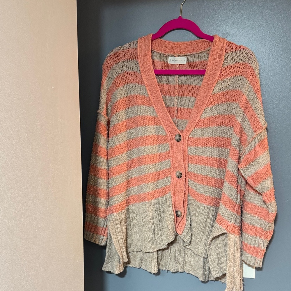 Be Together Coral and Beige Striped Cardigan